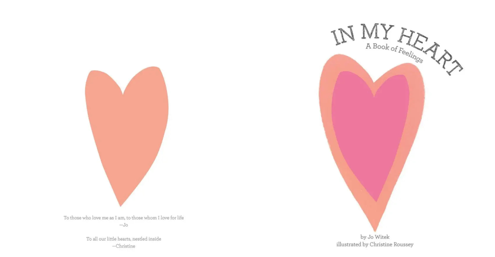 A dedication and title page for In M Heart with a peach and pink set of hearts