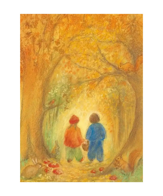 Autumn themed postcard of children walking through a forest with mushrooms, rabbits, and squirrels
