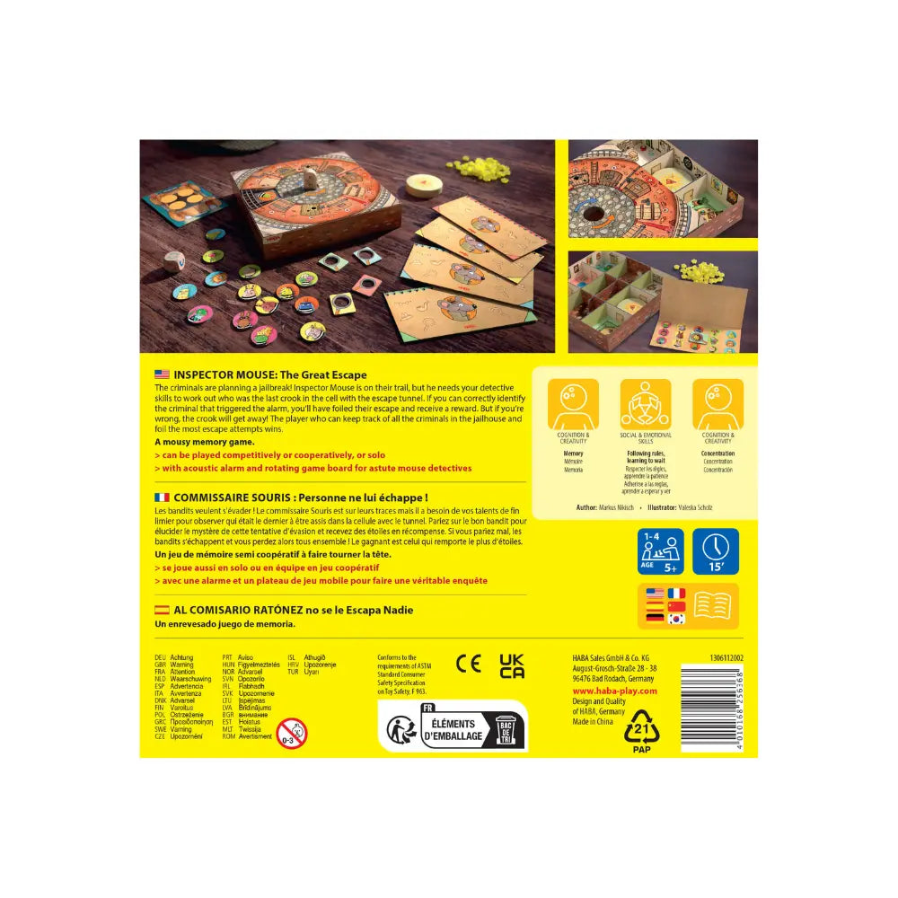 Back of Inspector Mouse memory and deduction game box with details