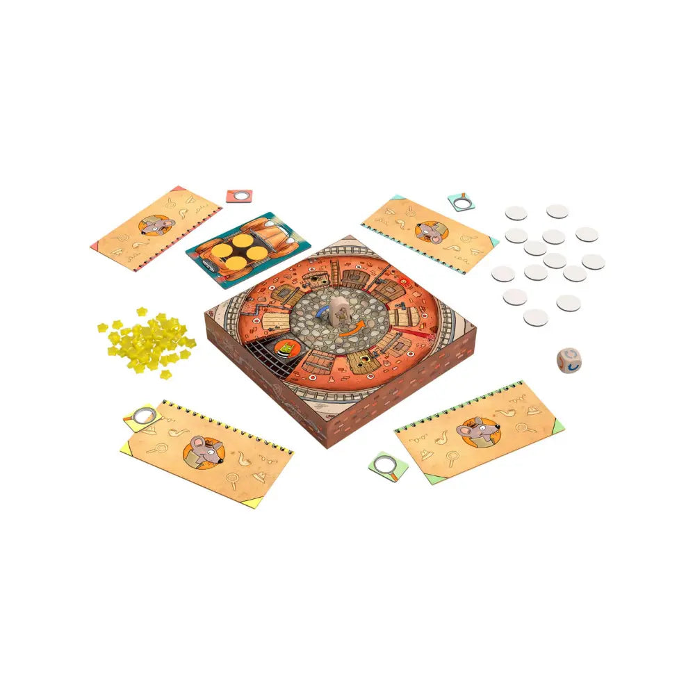 Inspector Mouse game components spread out including board pieces cards and dice