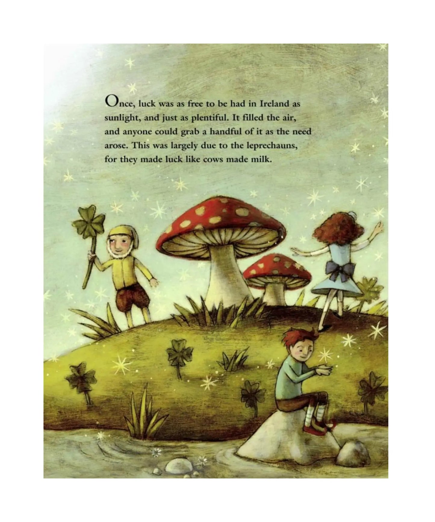 Illustration of leprechauns playing around mushrooms and four leaf clovers in a whimsical landscape