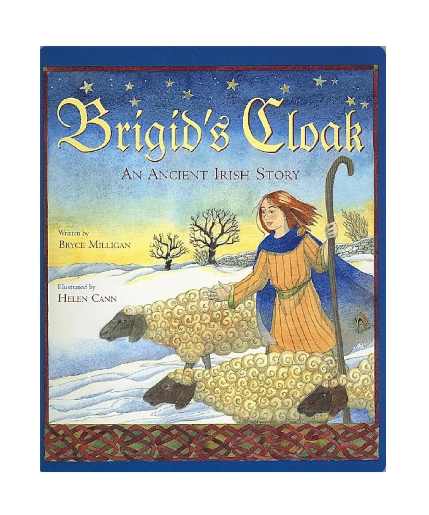 Book cover of 'Brigid's Cloak' with a woman and sheep in a snowy landscape.