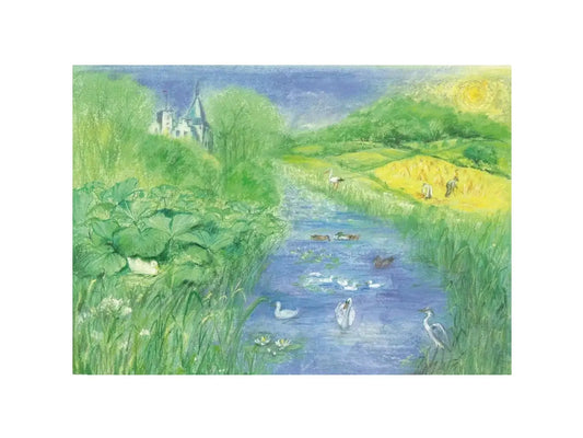 It Was Summer postcard by Marjan van Zeyl featuring ducks, swans, reeds, and a summer countryside stream