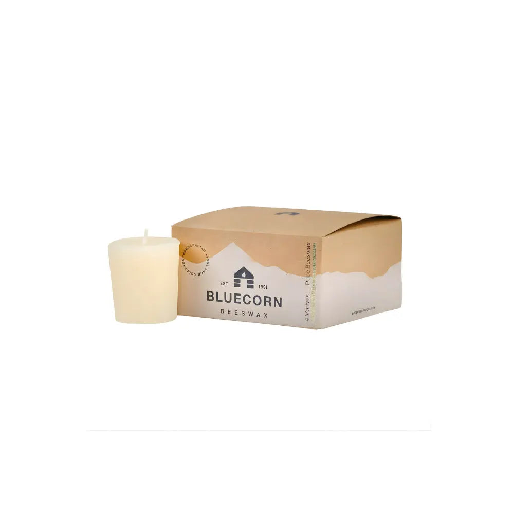 Beeswax candle with Bluecorn packaging on a white background