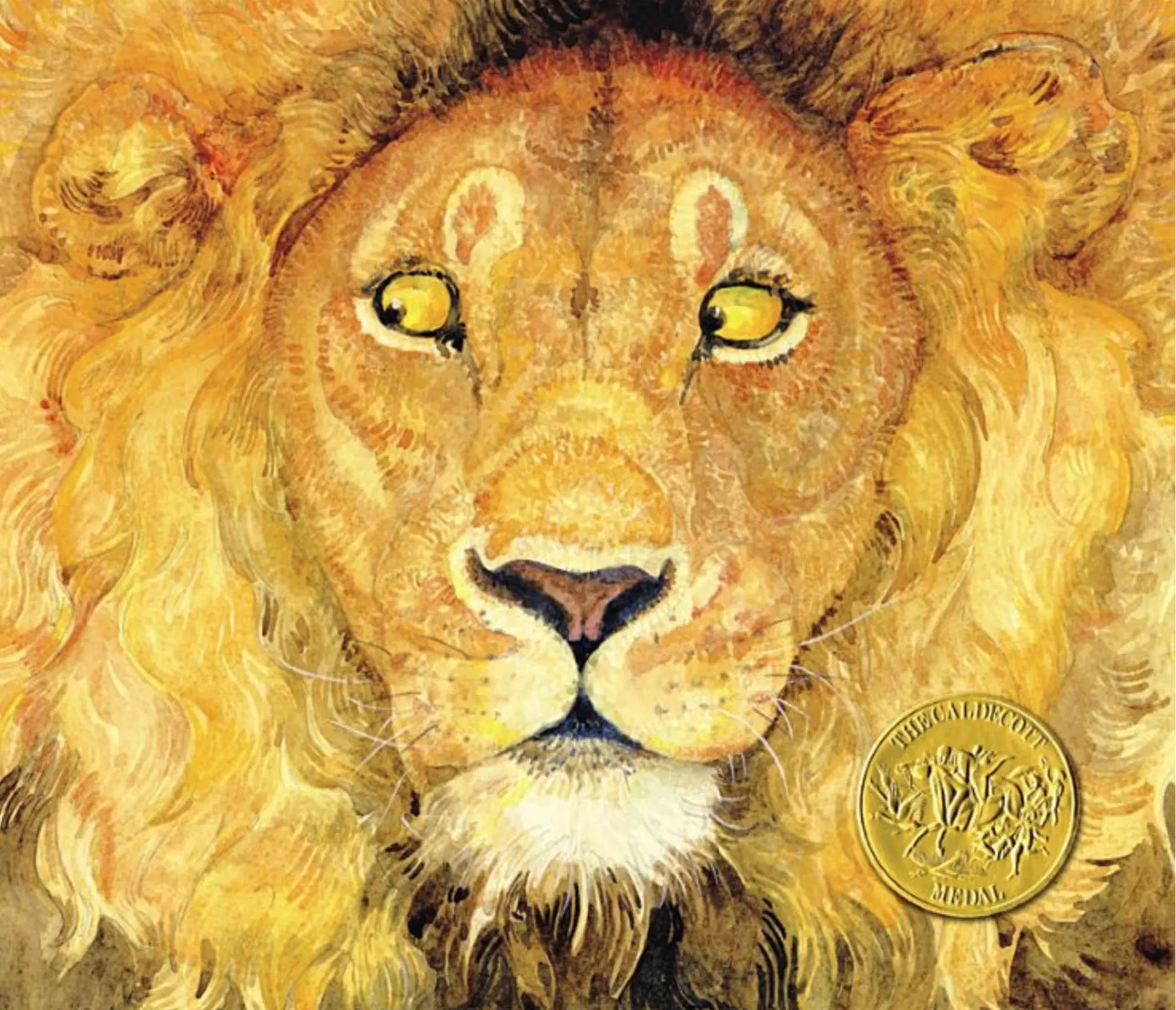 Illustration of a lion's face with a gold seal on a yellow background