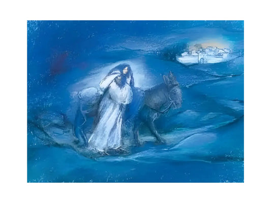 Joseph and Mary postcard of Mary riding a donkey as Joseph walks her toward Bethlehem
