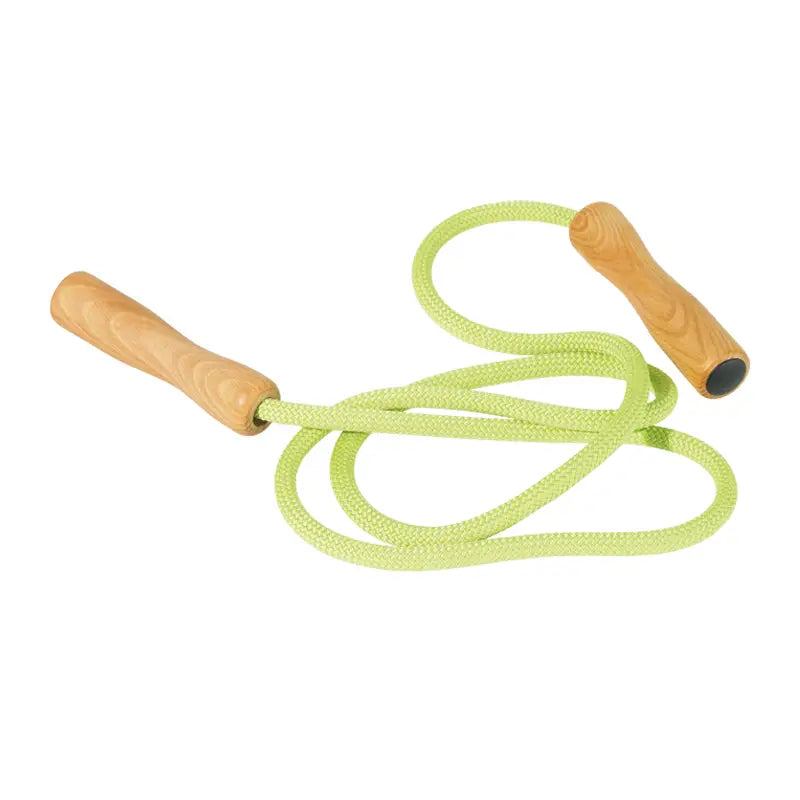 Green jump rope with wooden handles on a white background