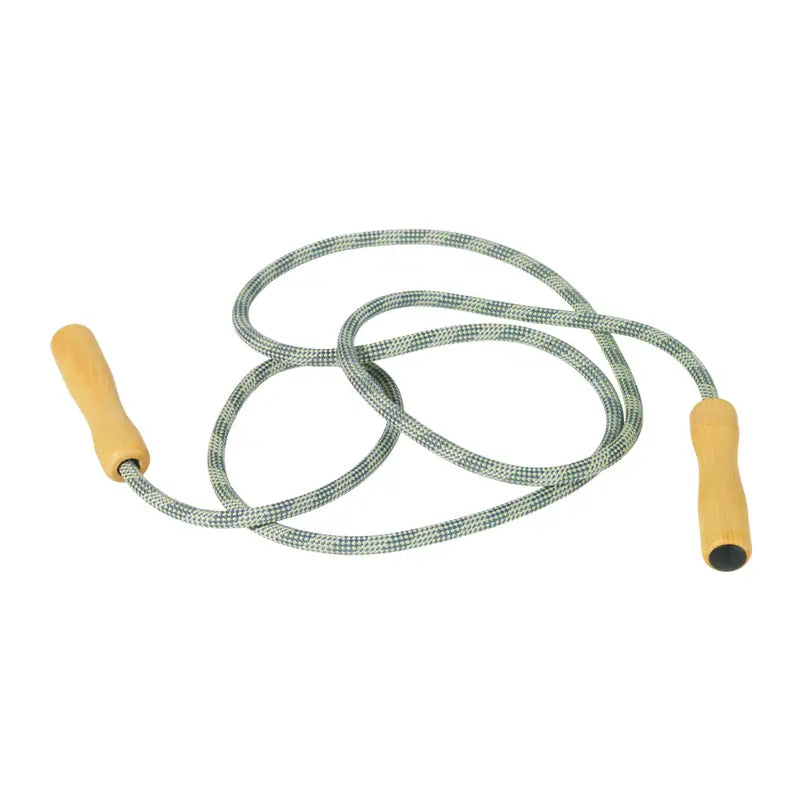 Coiled jump rope with wooden handles on a white background