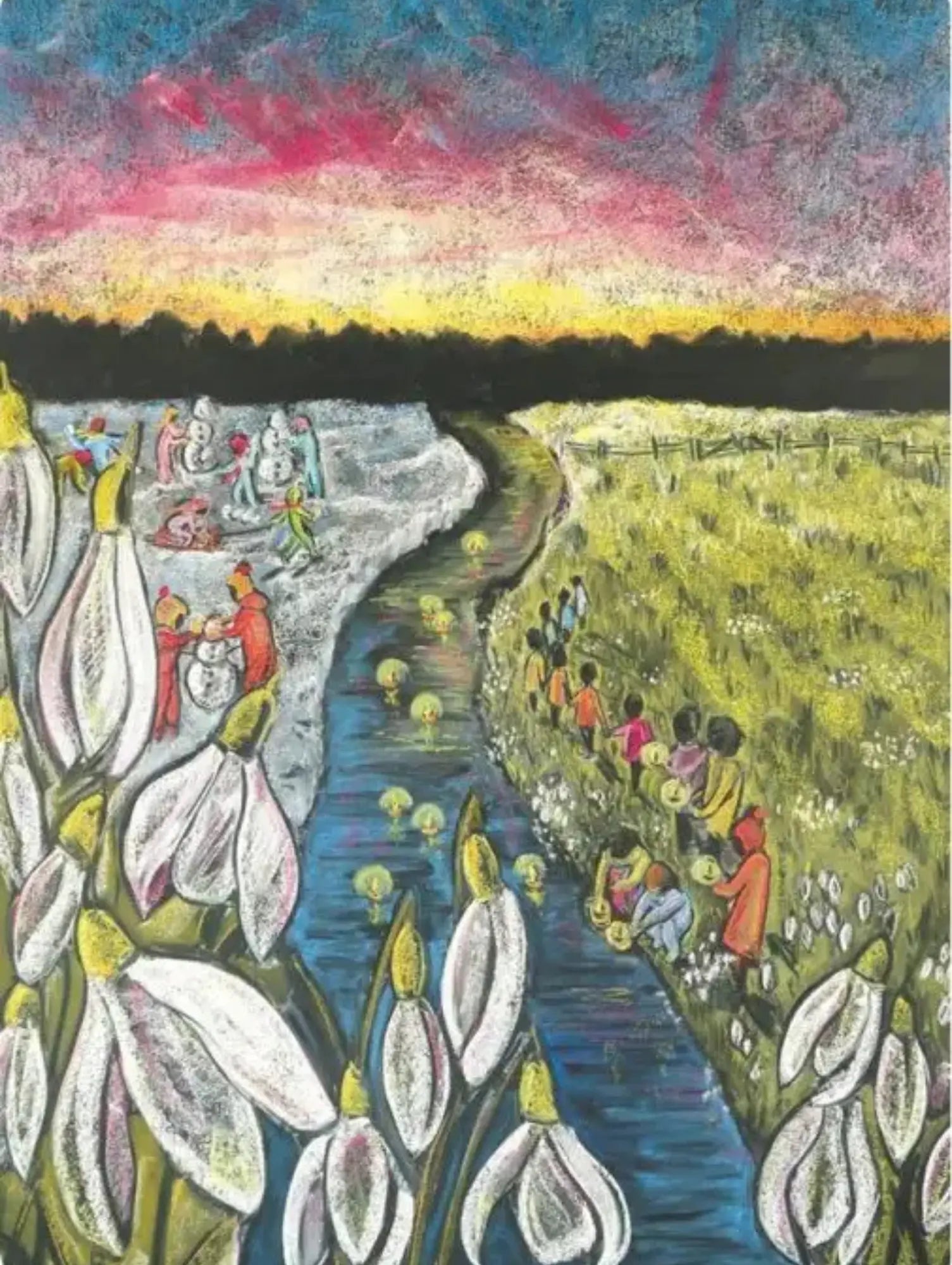 Colorful Waldorf postcard illustration of a landscape with people and snow drop flowers, featuring a river and a sunset.