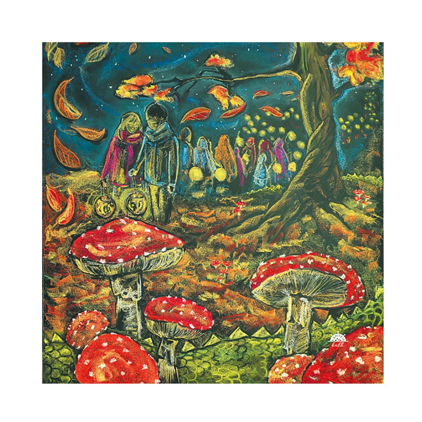 Autumn scene of Children carrying lanterns through an autumn forest with falling leaves, red and white mushrooms, and a dragon's tail disappears in the foreground