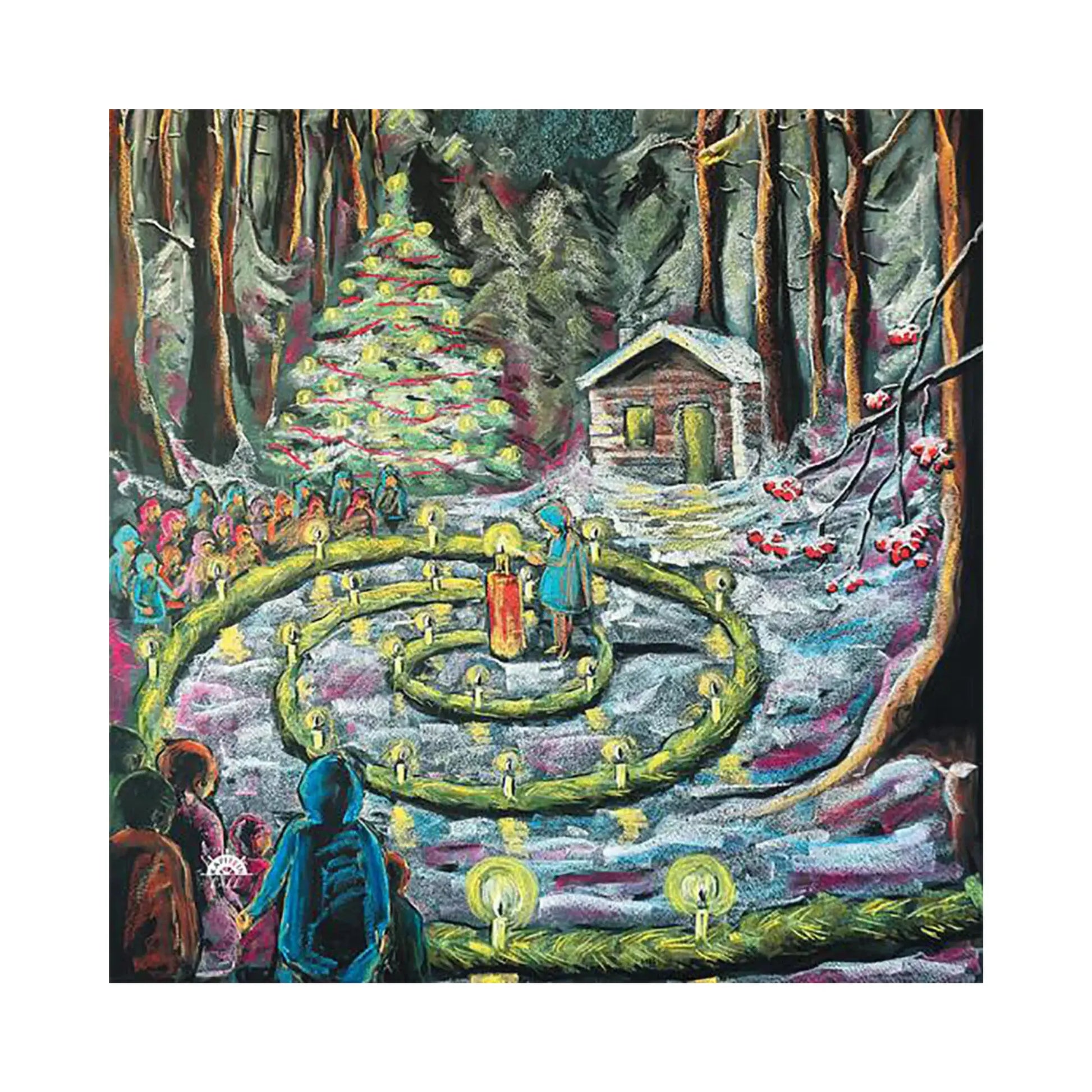 Christmas scene by Kapitein Kalk of a Winter Waldorf Spiral Walk with candles and children and evergreen spiral