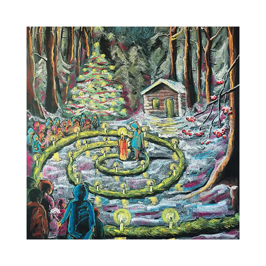 Christmas scene by Kapitein Kalk of a Winter Waldorf Spiral Walk with candles and children and evergreen spiral