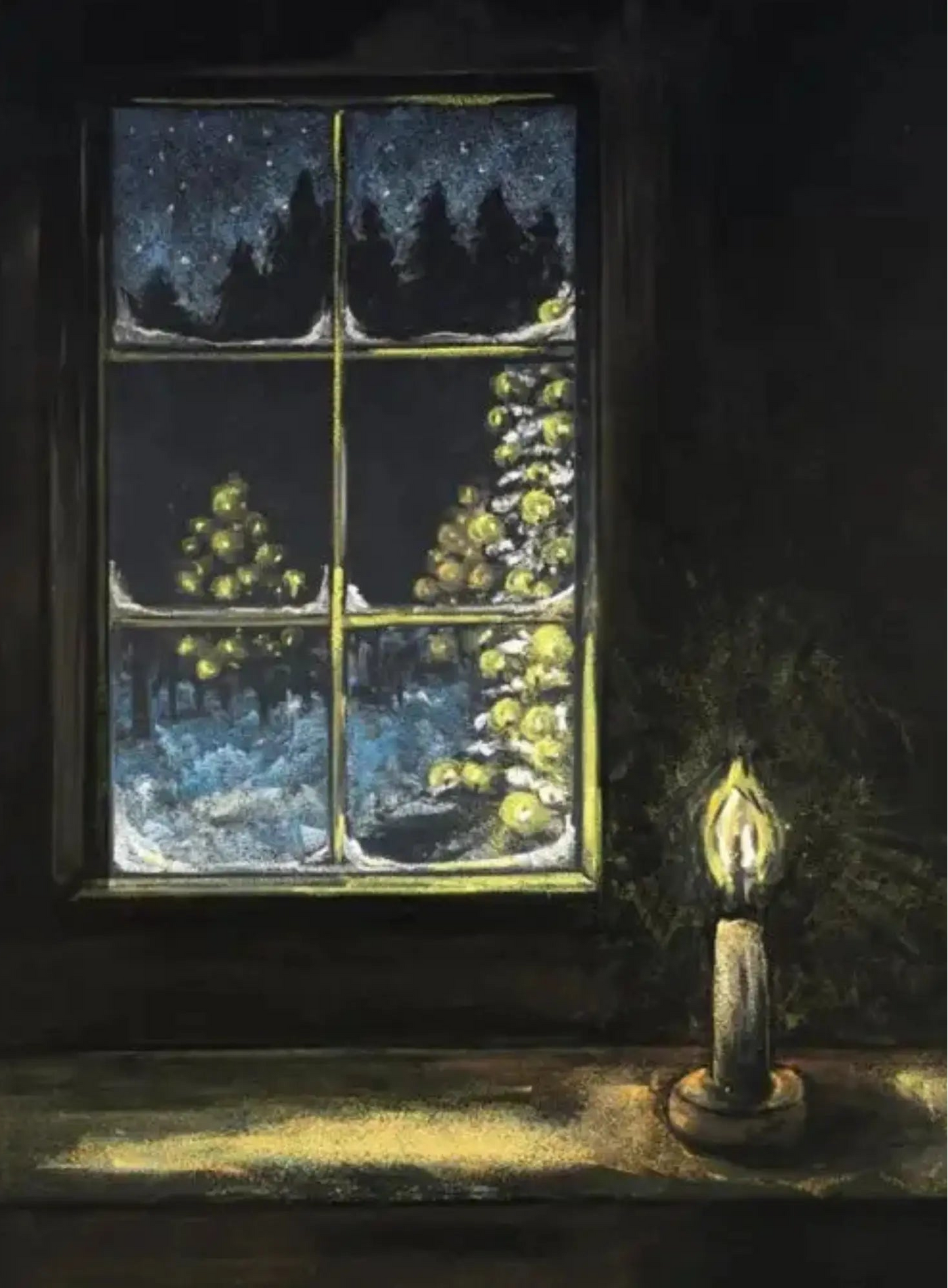 Winter themed Waldorf postcard of a candle by a window with a night view