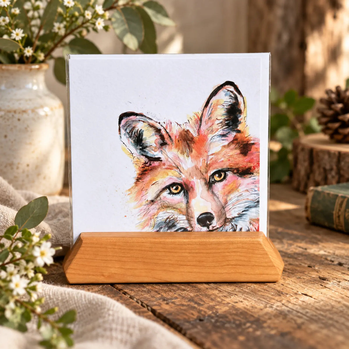 Kate Moby fox greeting card displayed in a wooden stand on a rustic natural tabletop