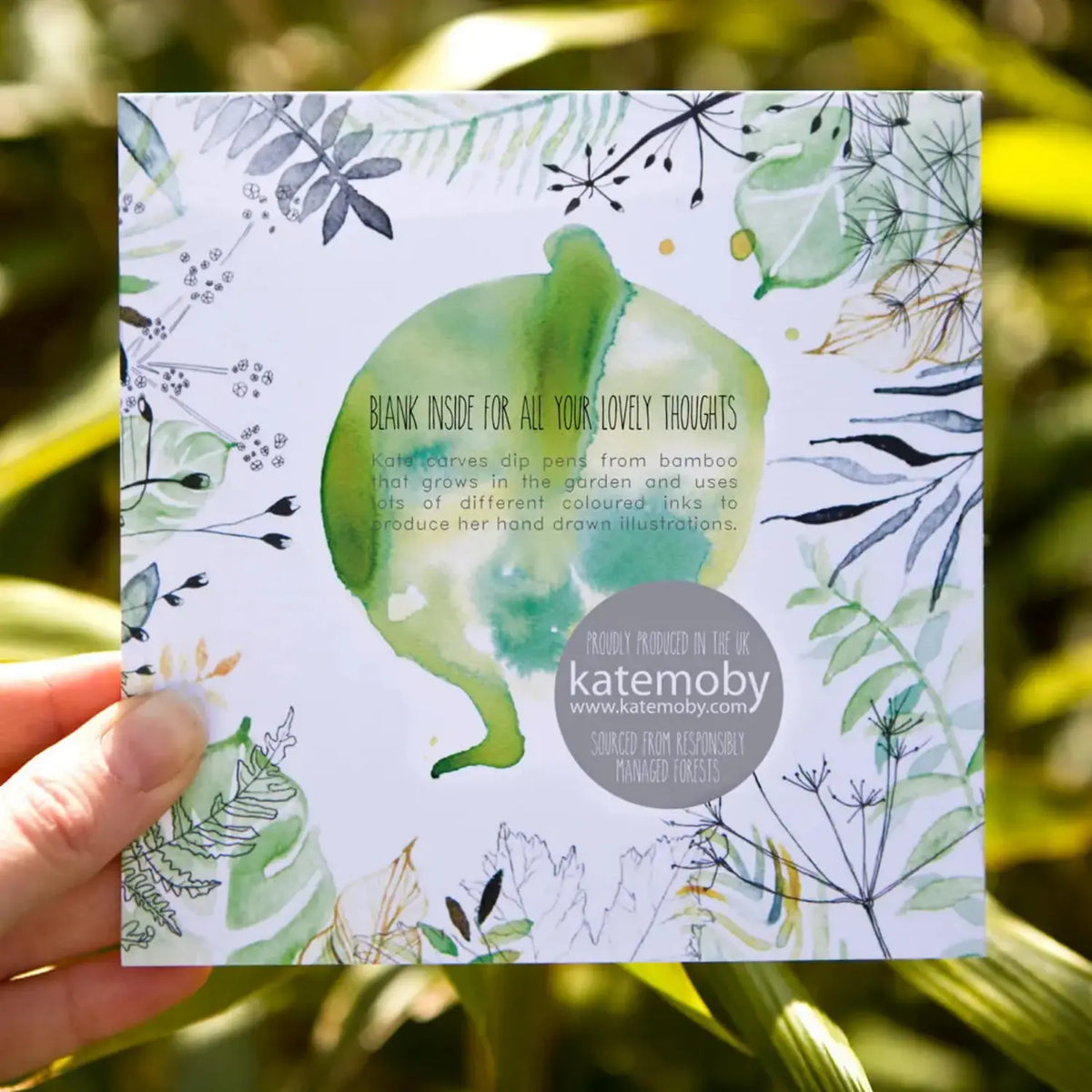 Back of Kate Moby greeting card showing blank-inside message, bamboo dip pen process, and UK-made details