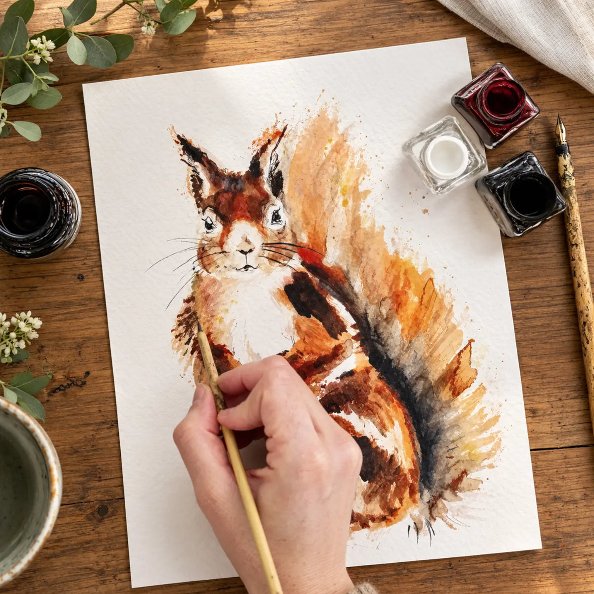 Red squirrel illustration in progress with inks and bamboo dip pen inspired by Kate Moby's drawing process