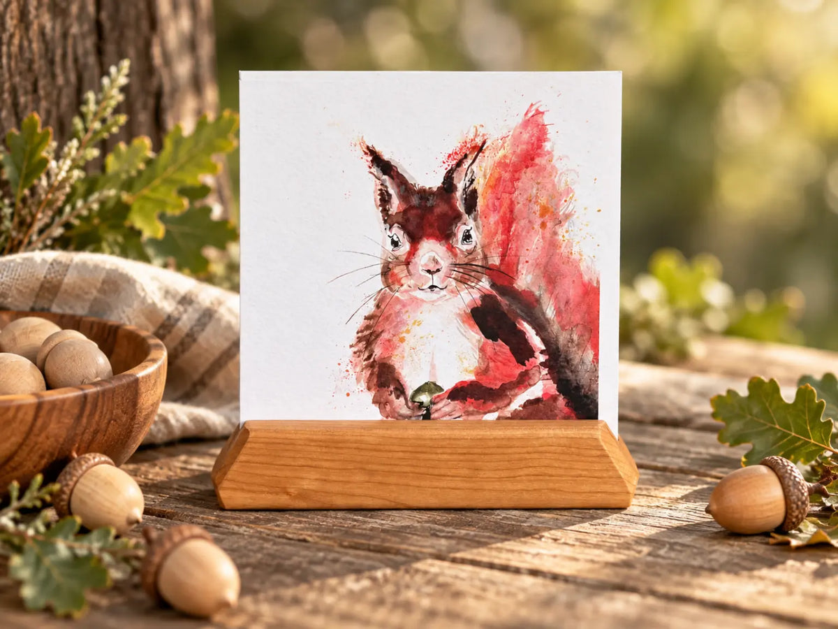 Kate Moby red squirrel greeting card displayed in a wooden card stand with acorns and oak leaves