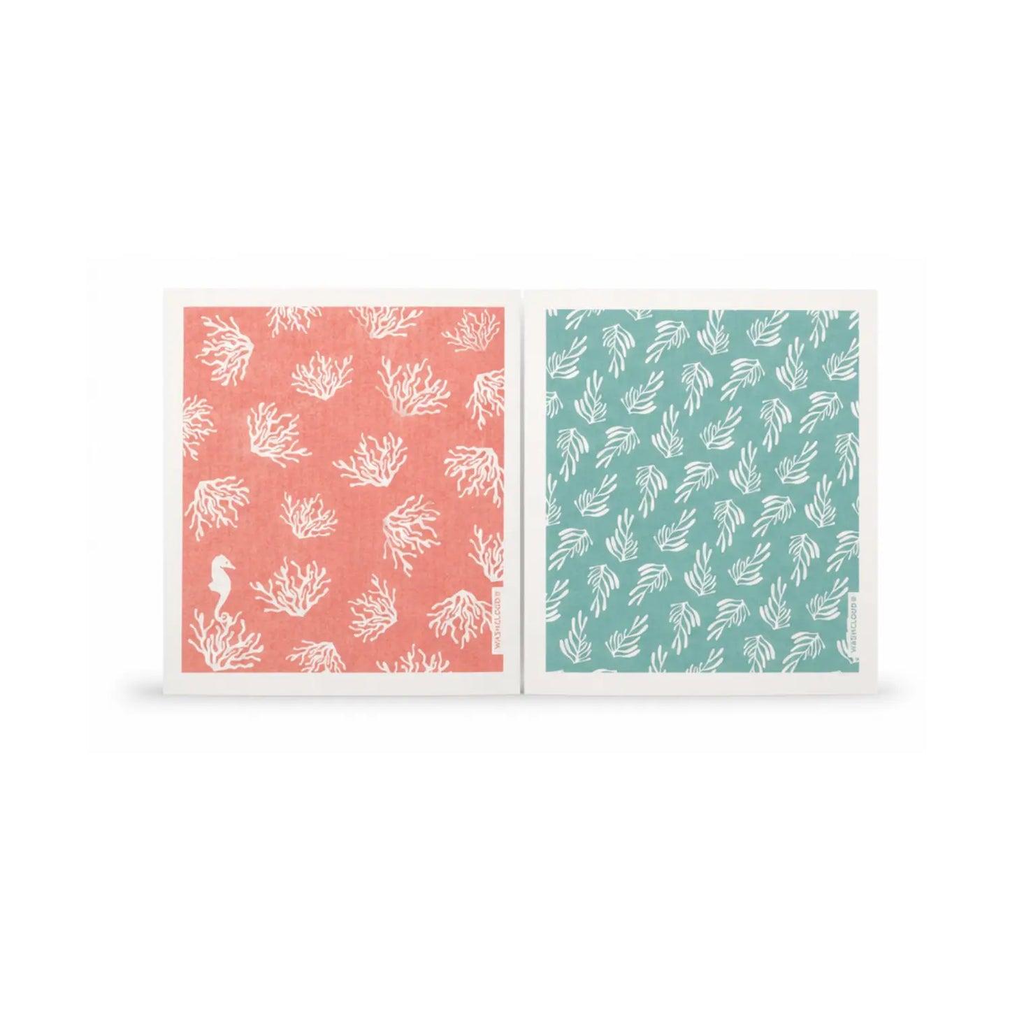 Set of two reusable Swedish dishcloths in coral pink and blue-green kelp designs on a white background