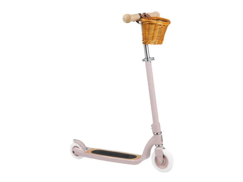 Pink scooter with a basket on a white background