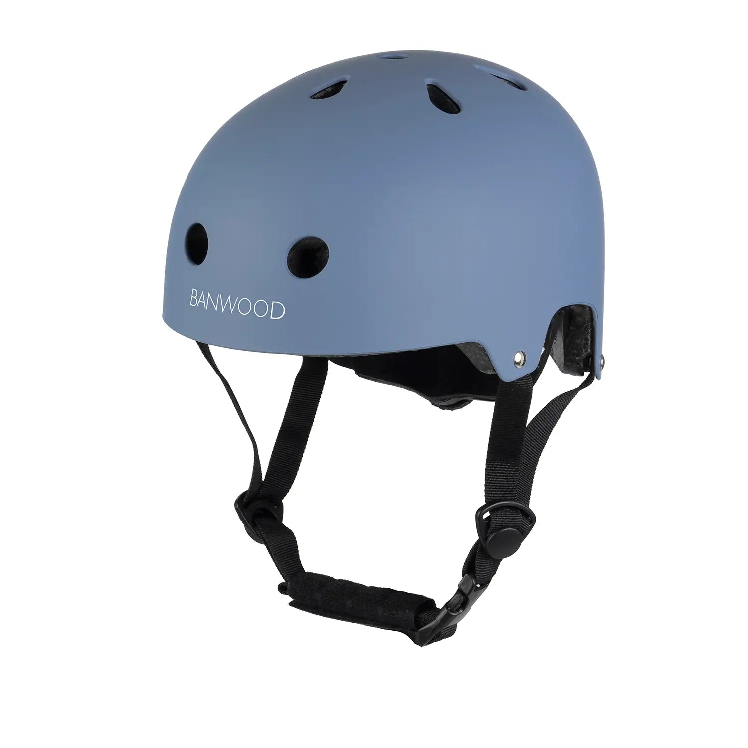 Kids blue bike helmet with black straps on a white background