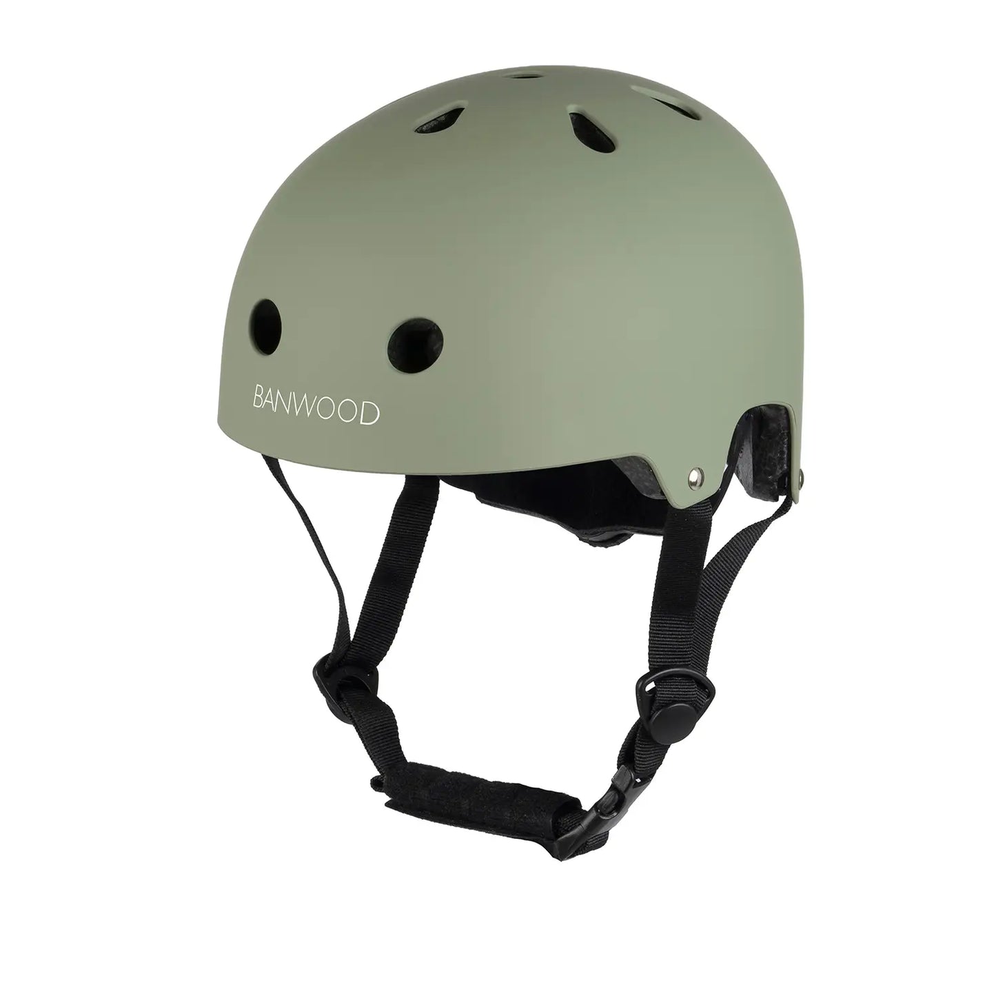 Banwood forest green kids bike and scooter helmet with black straps on a white background