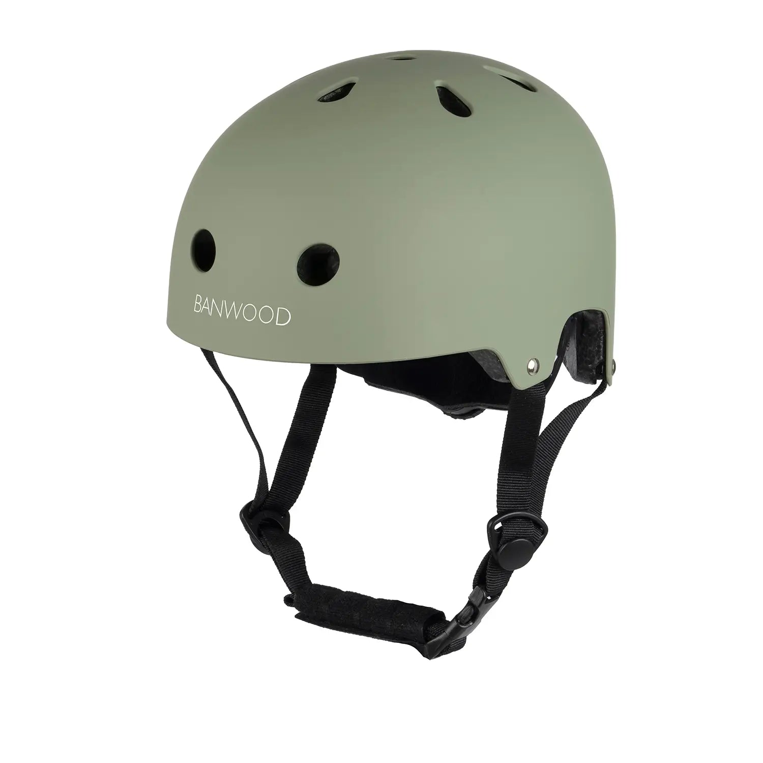Banwood forest green kids bike and scooter helmet with black straps on a white background