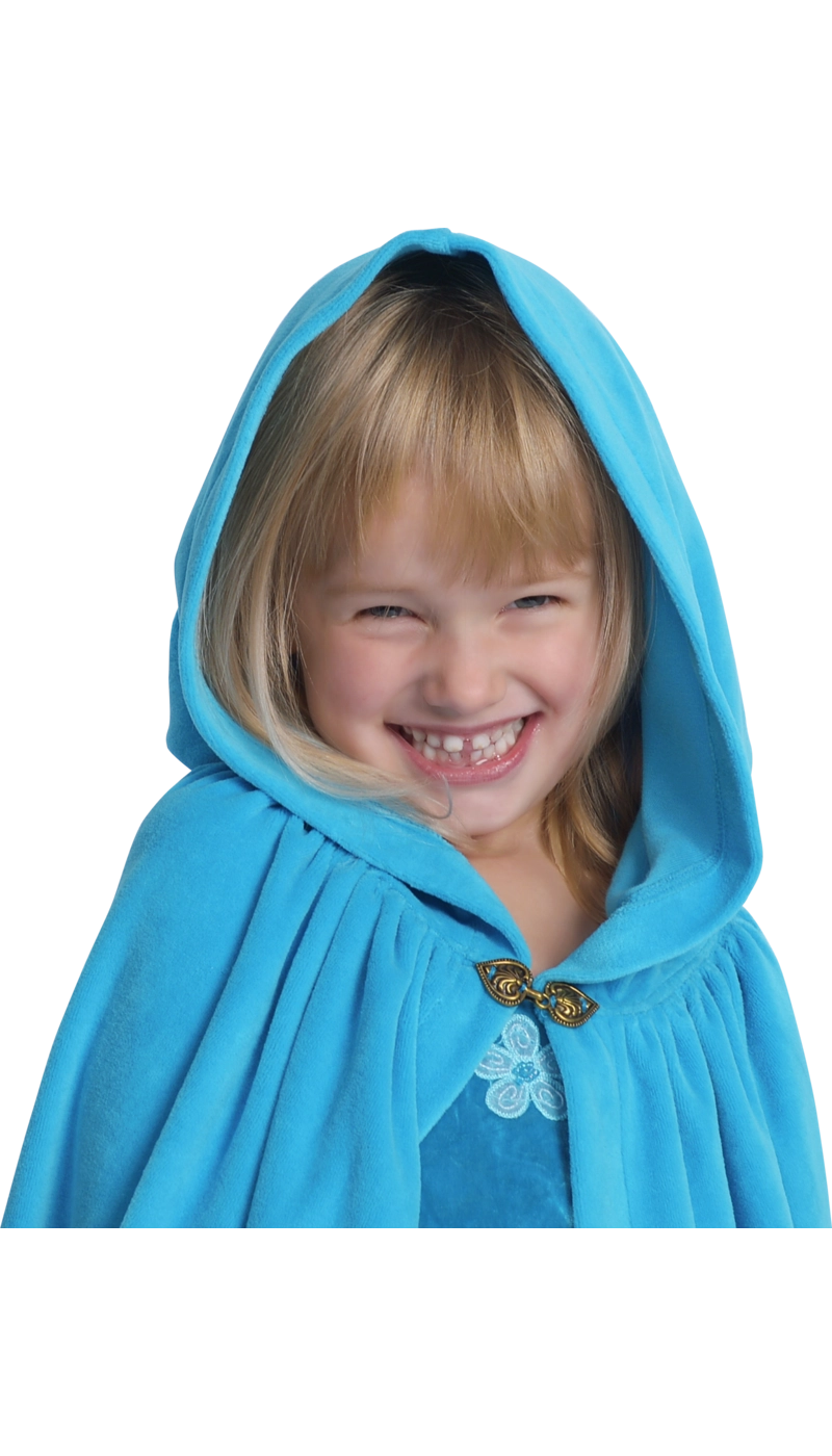 A smiling young girl with blonde hair wearing a bright turquoise blue hooded cape
