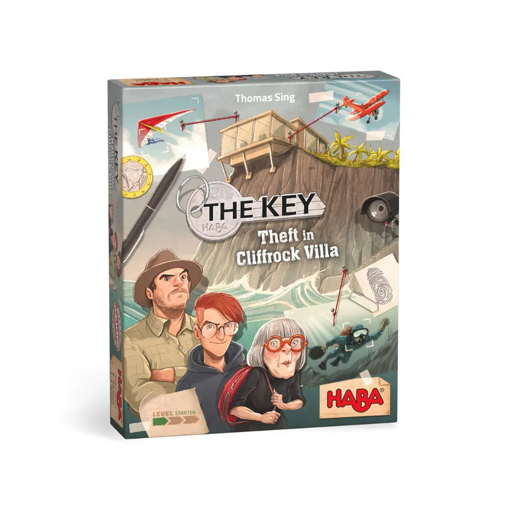 Board game box for 'The Key: Theft in Cliffrock Villa' by HABA with characters and scenic illustration.