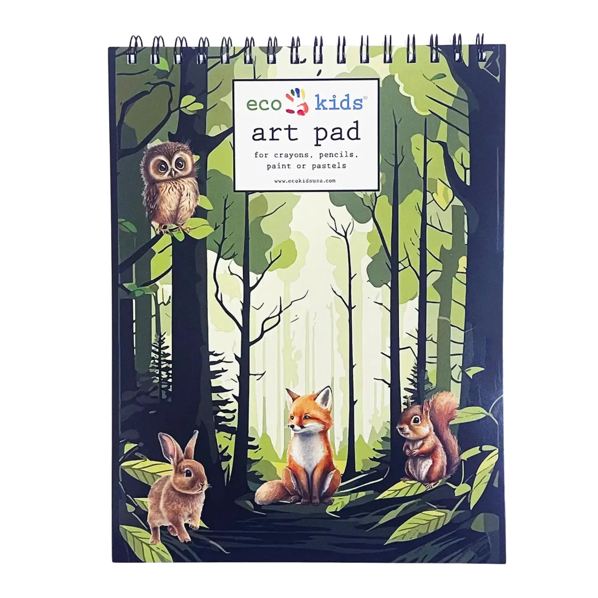 spiral art pad for kids with forest animal cover design featuring woodland animals and trees