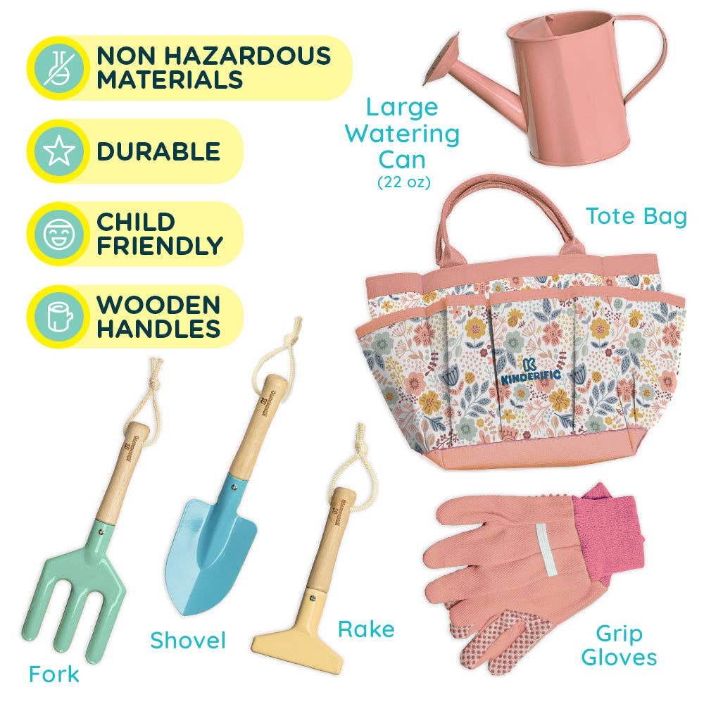 Gardening tools and accessories including a tote bag, watering can, gloves, and tools on a white background.
