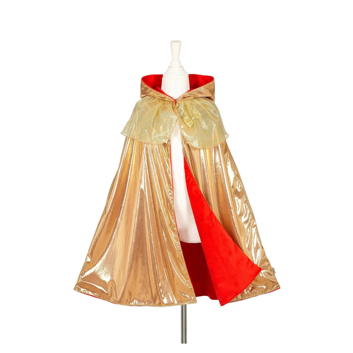 A shiny metallic gold cape with a red lining for kids to use in imaginary play or as a dress up costume