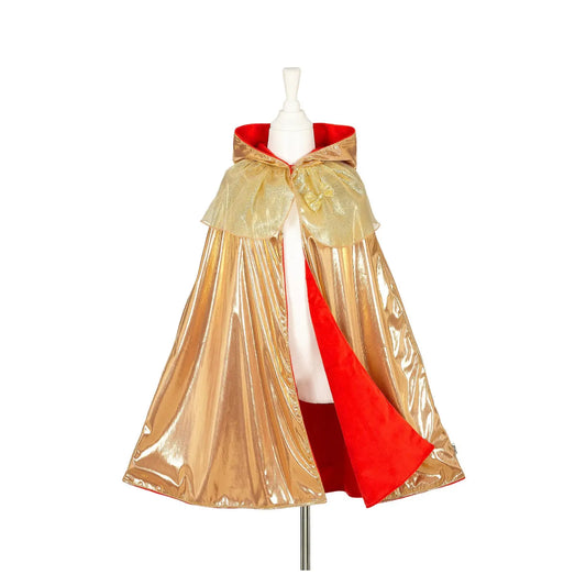 A shiny metallic gold cape with a red lining for kids to use in imaginary play or as a dress up costume