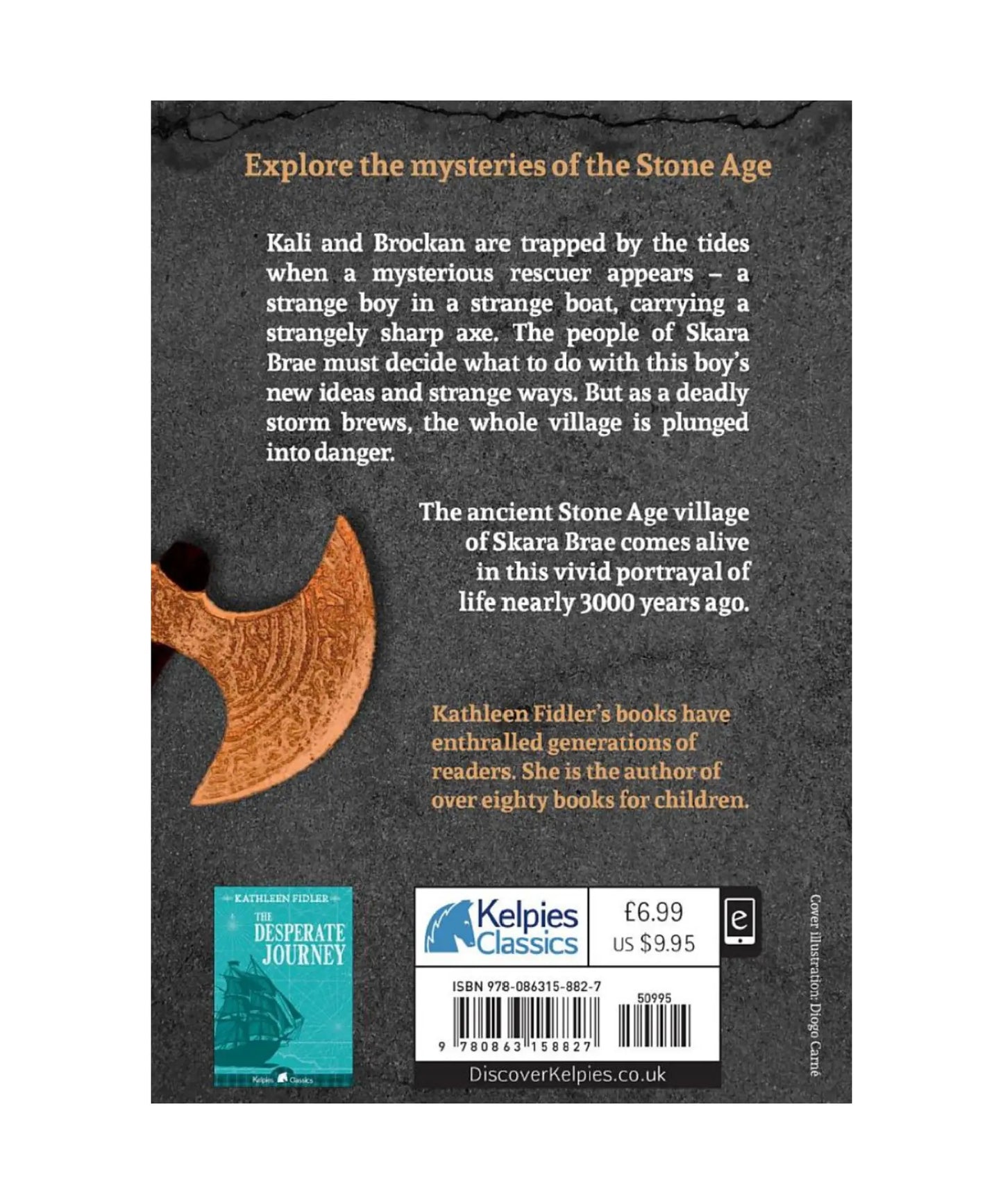 Historical fiction book back cover with text and a small image of a boat on a dark background