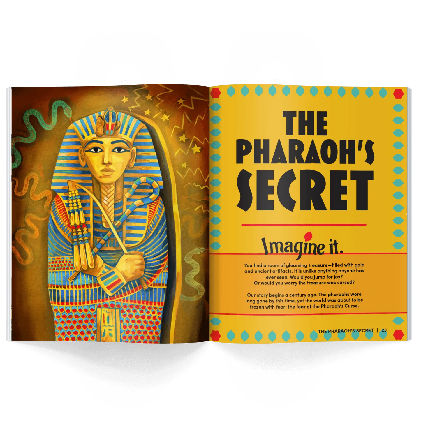 Kids history magazine article titled 'The Pharaoh's Secret' with an illustration of a pharaoh on the cover