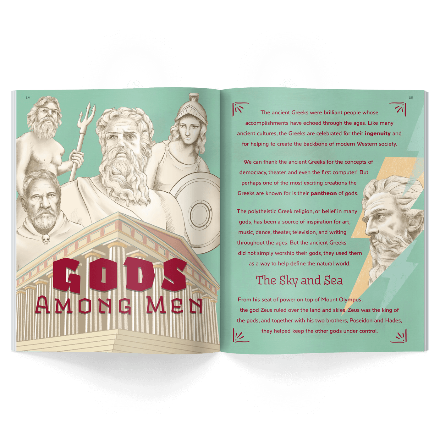 Open history magazine for kids with illustrations of ancient Greek gods and text on a black background