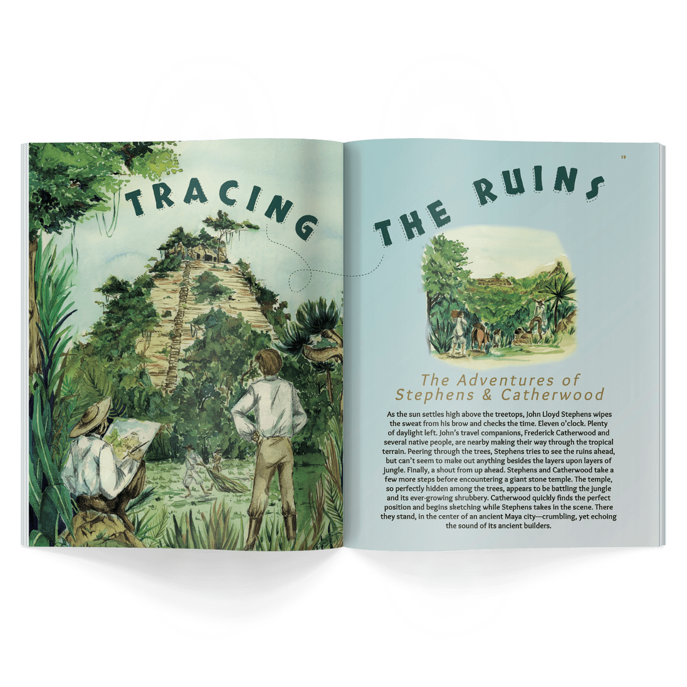 Open kids history magazine showing illustrations and text about exploring ruins with characters in a jungle setting