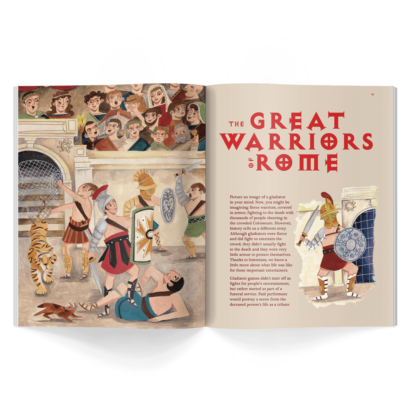 Open magazine article titled 'The Great Warriors of Rome' with illustrations on a black background