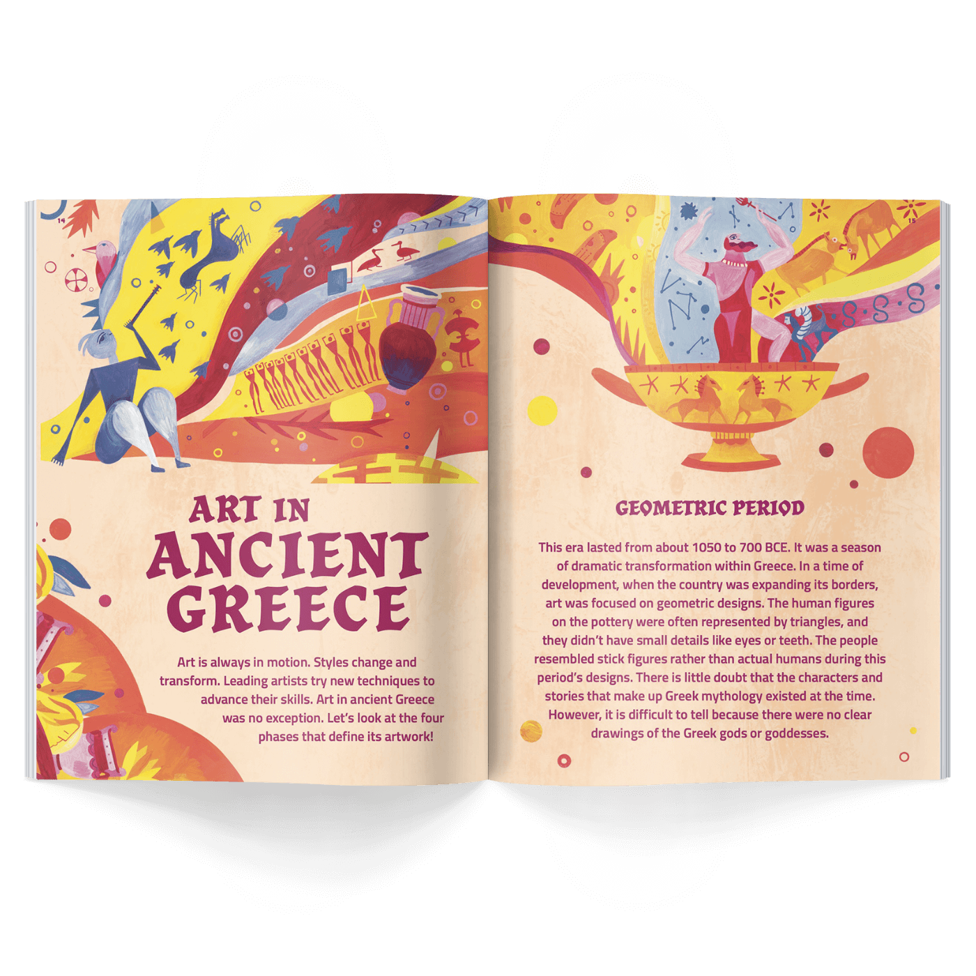 Open kids history magazine with colorful illustrations and text about Art in Ancient Greece