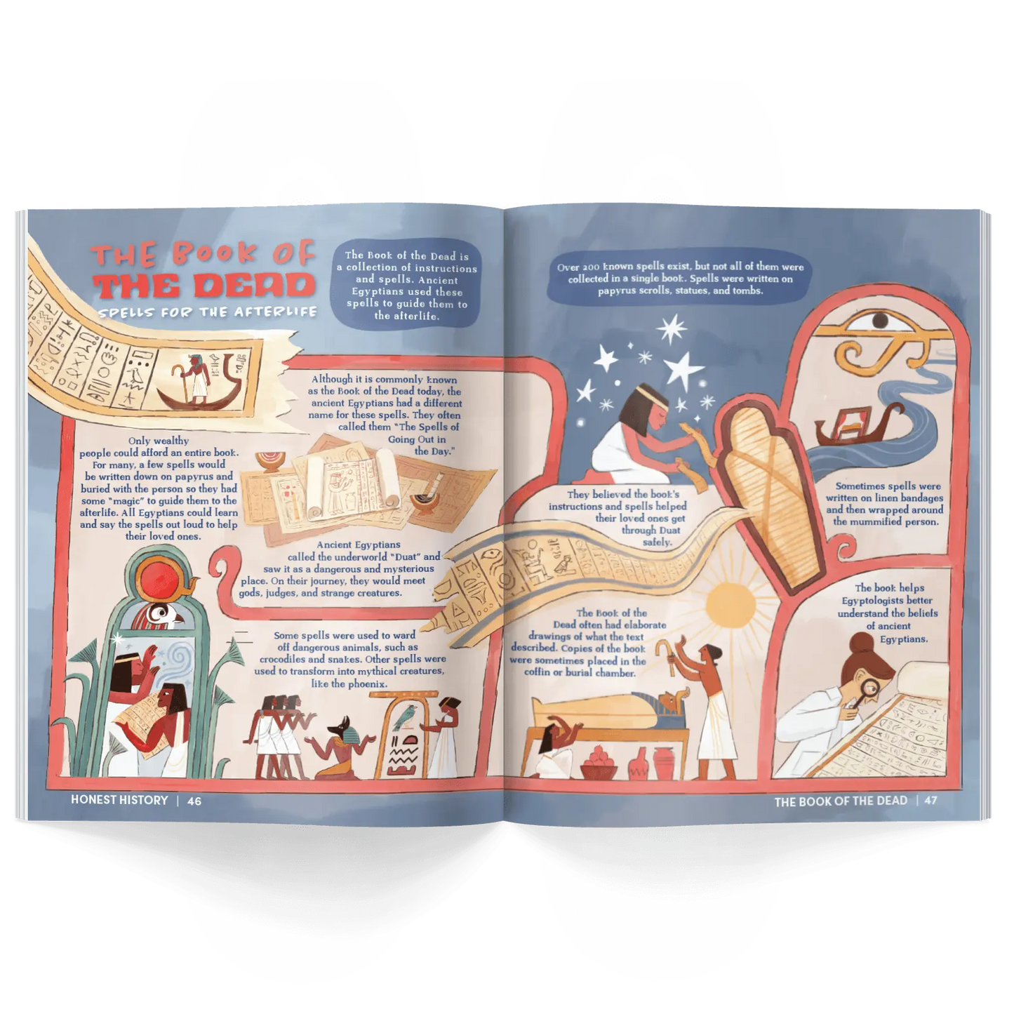 Open kid's history magazine with illustrations and text about the Book of the Dead on a white background