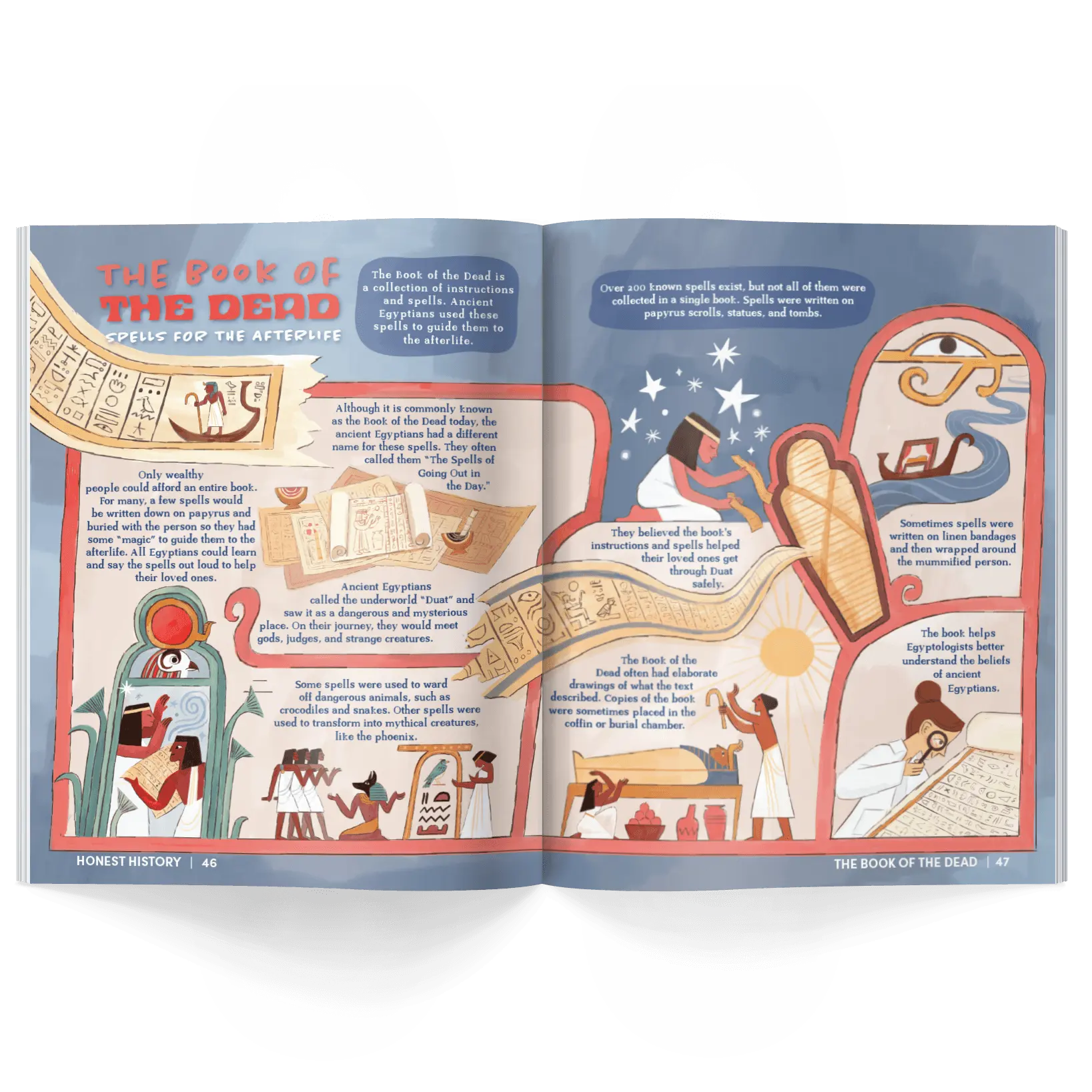 Open kid's history magazine with illustrations and text about the Book of the Dead on a white background