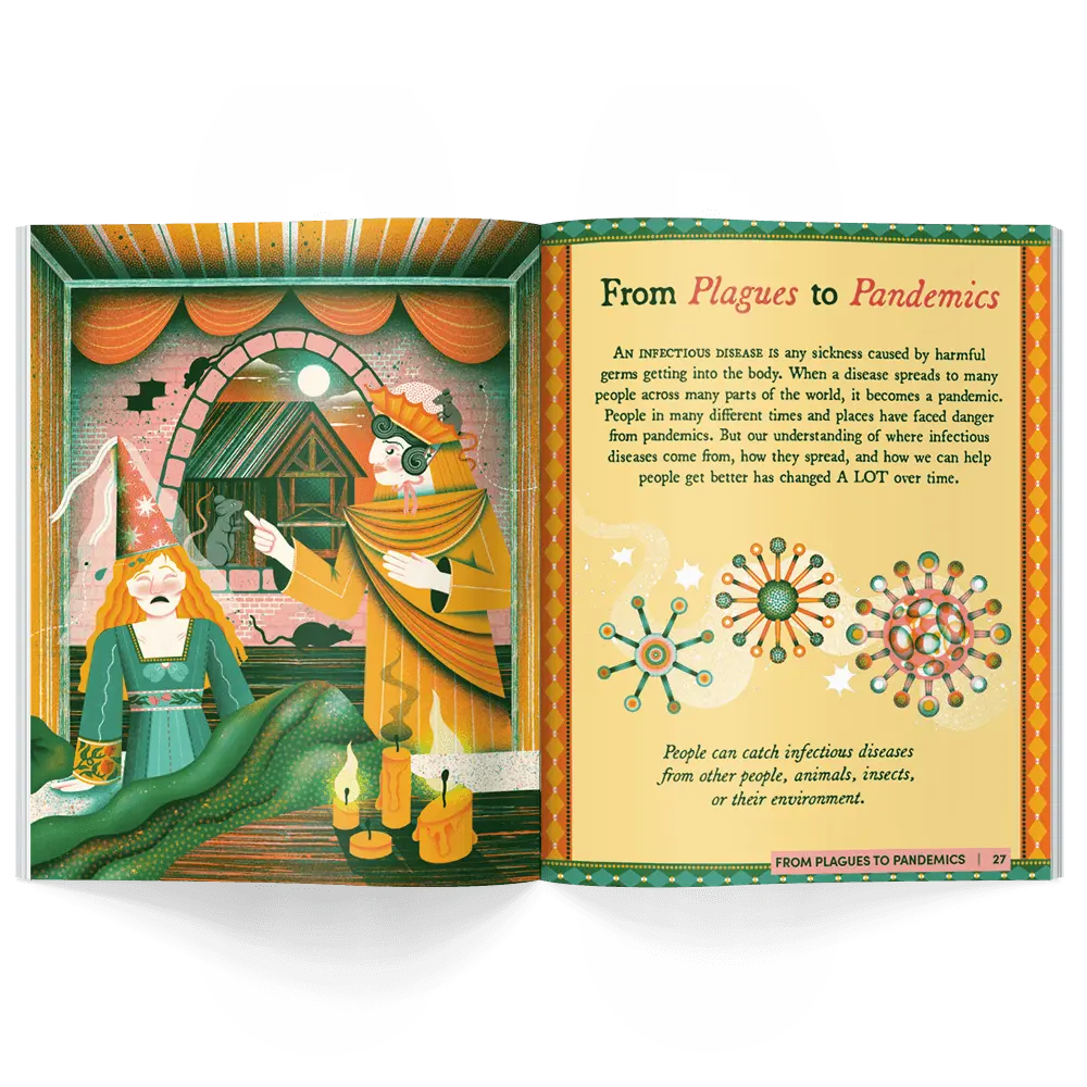 History magazine for kids with illustrated pages on plagues and pandemics