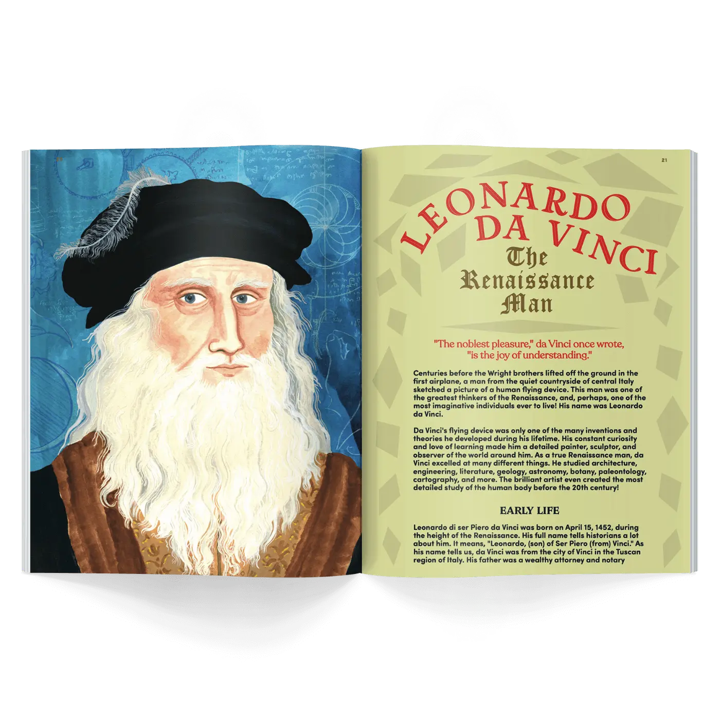Open book with portrait of Leonardo da Vinci on one page and text about him on the other, on a white background.