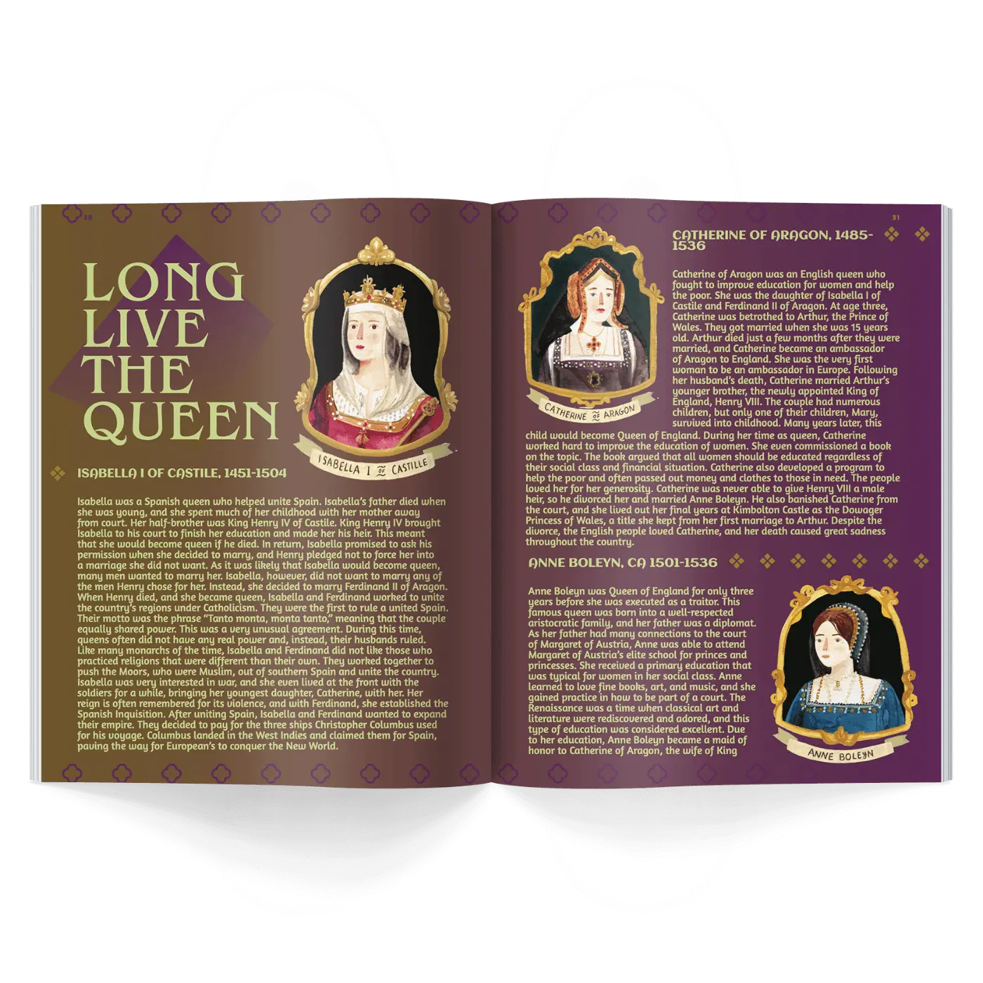 Open book with historical illustrations and text on a white background
