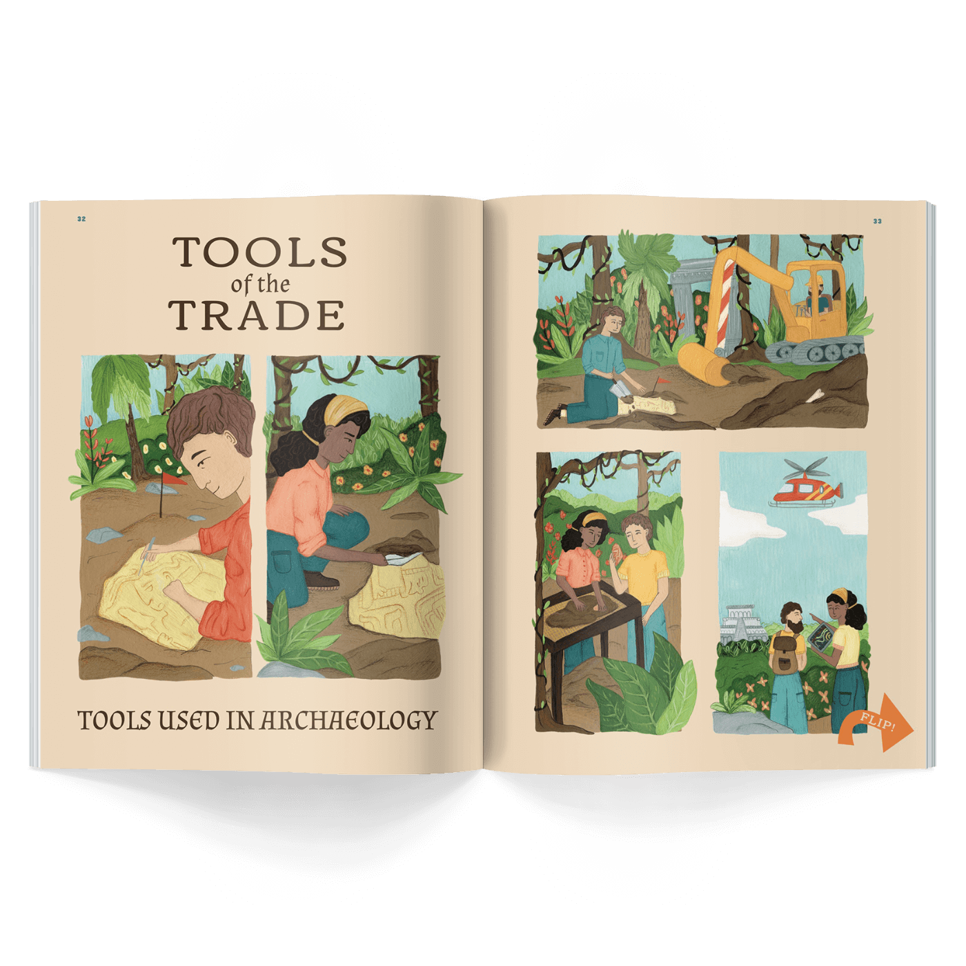 Illustrated history magazine open to a page titled 'Tools of the Trade' with images of archaeology tools and activities.