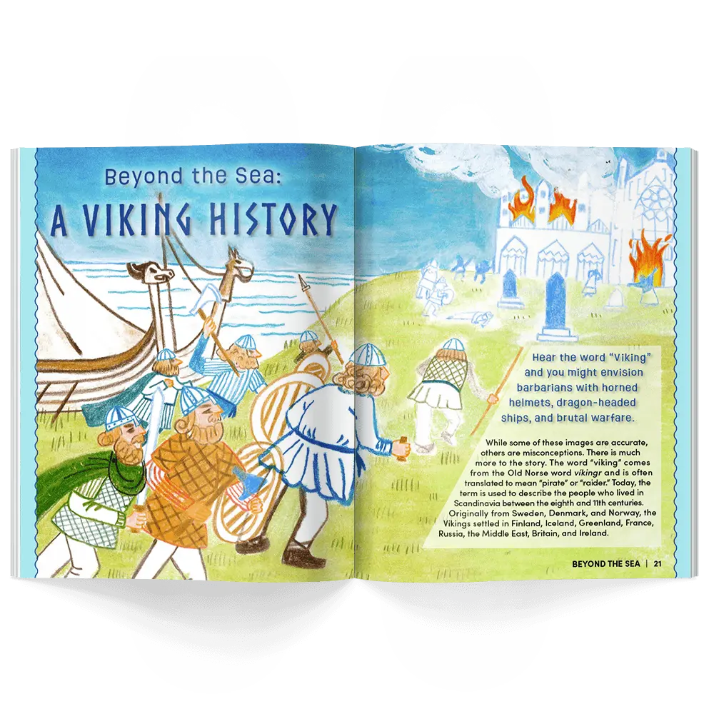 Open kids history magazine showing a Viking-themed illustration with text about Vikings.