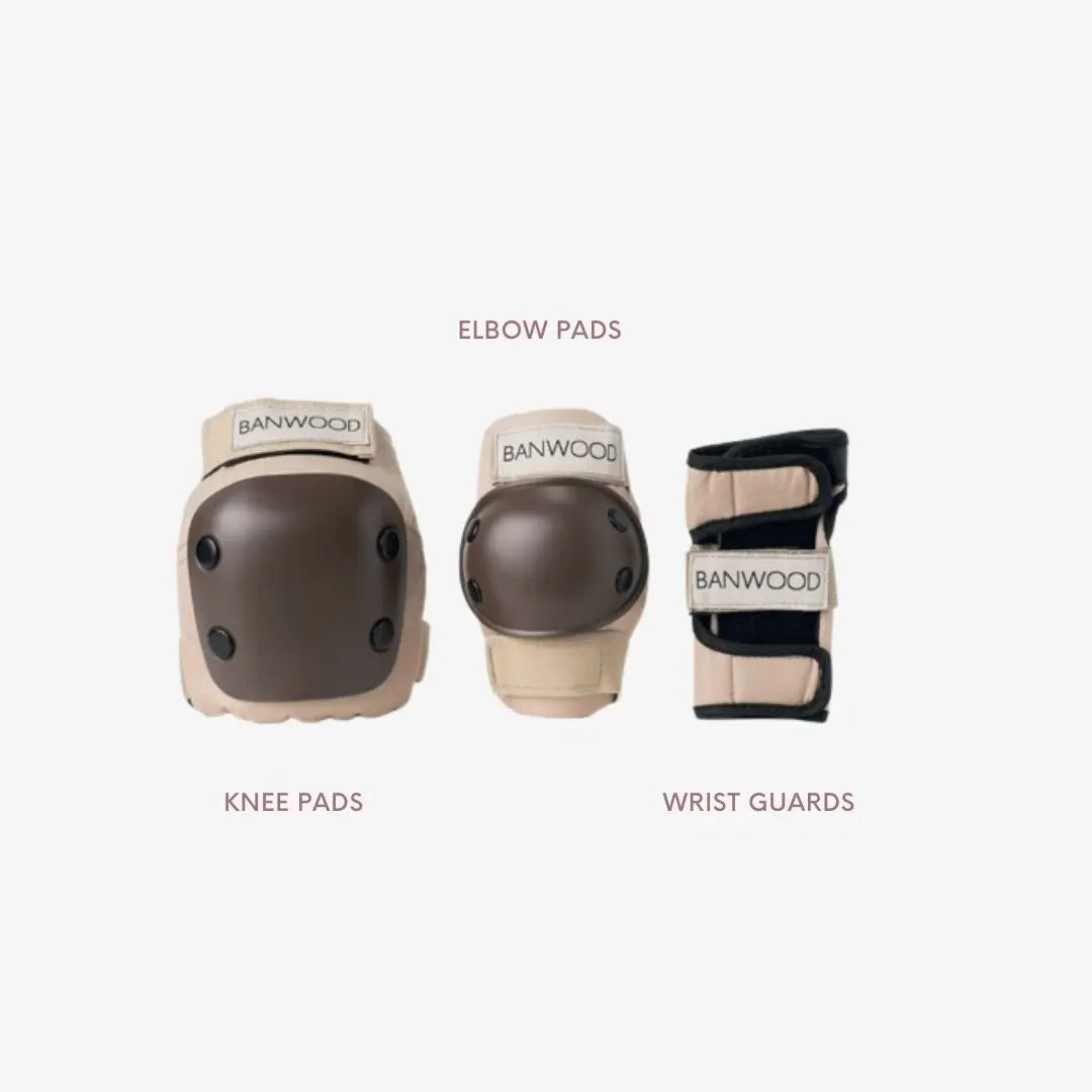 Set of Banwood skateboarding knee pads, elbow pads, and wrist guards on a white background