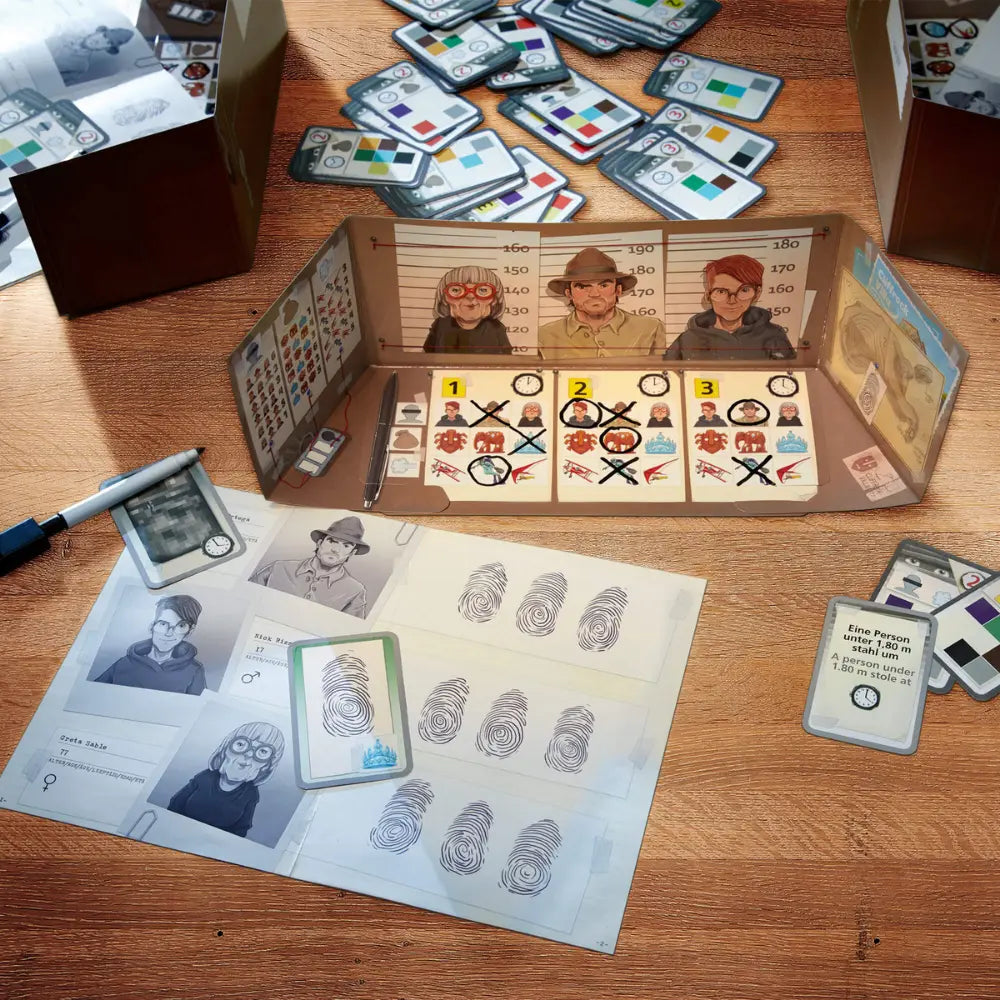 Board game with character cards and game pieces on a wooden table