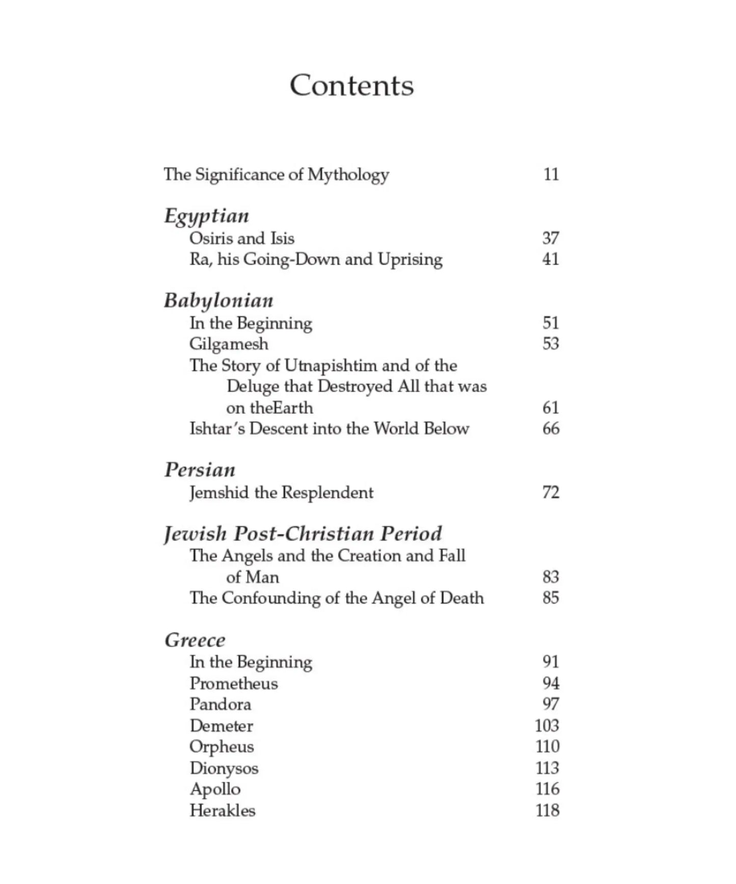 Table of contents for a book on mythology with chapter titles and page numbers.