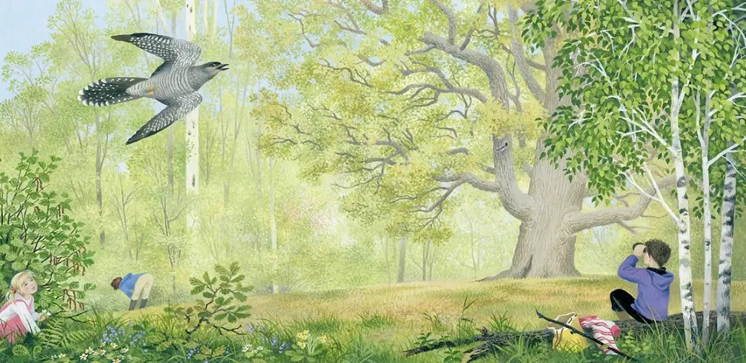 Illustration of a forest scene with people and a bird