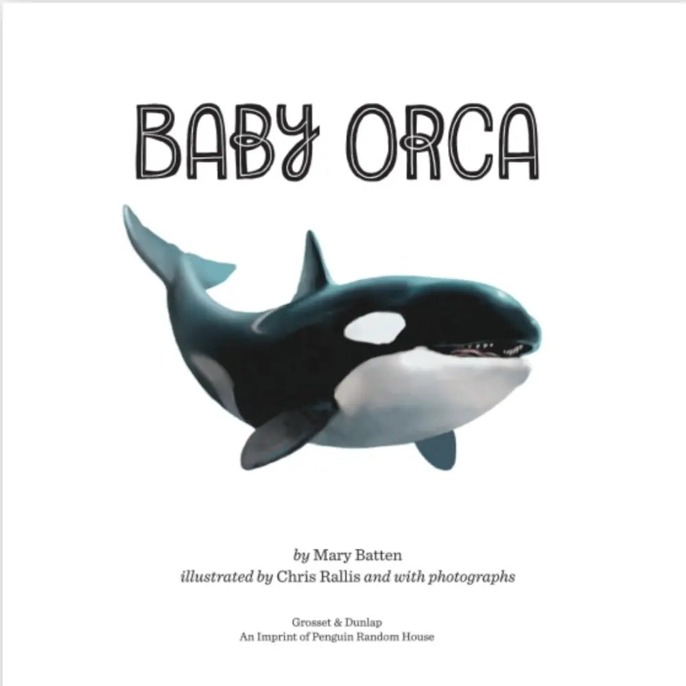 Title page of 'Baby Orca' with an orca whale in water